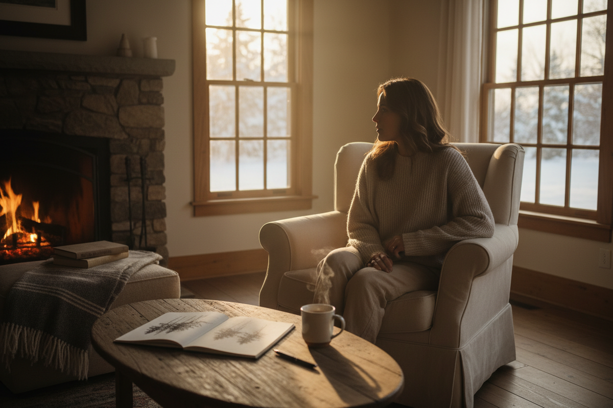 femme habillé de façon simple et confortable dans une maison assise sur un fauteuil confortable regardant par la fenêtre de sa maison (regard profond) ver l'exterieur (lumière de fin d'près midi rayon de soleil doux de l'hiver. a l'interieur (une cheminé sur un côté de la pièce pour amené plus de chaleur encore à l'ambiance, une table basse  ronde ou ovale avec un cahier de dessin ouvert sur la table et aussi un stilo et une tasse de café fumant posé aussi sur la même table)