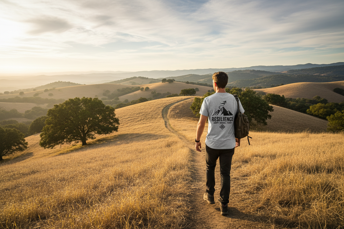 personnage qui marche dans paysage naturel avec un tee shirt expriment des valeur de vie comme la résiliance
