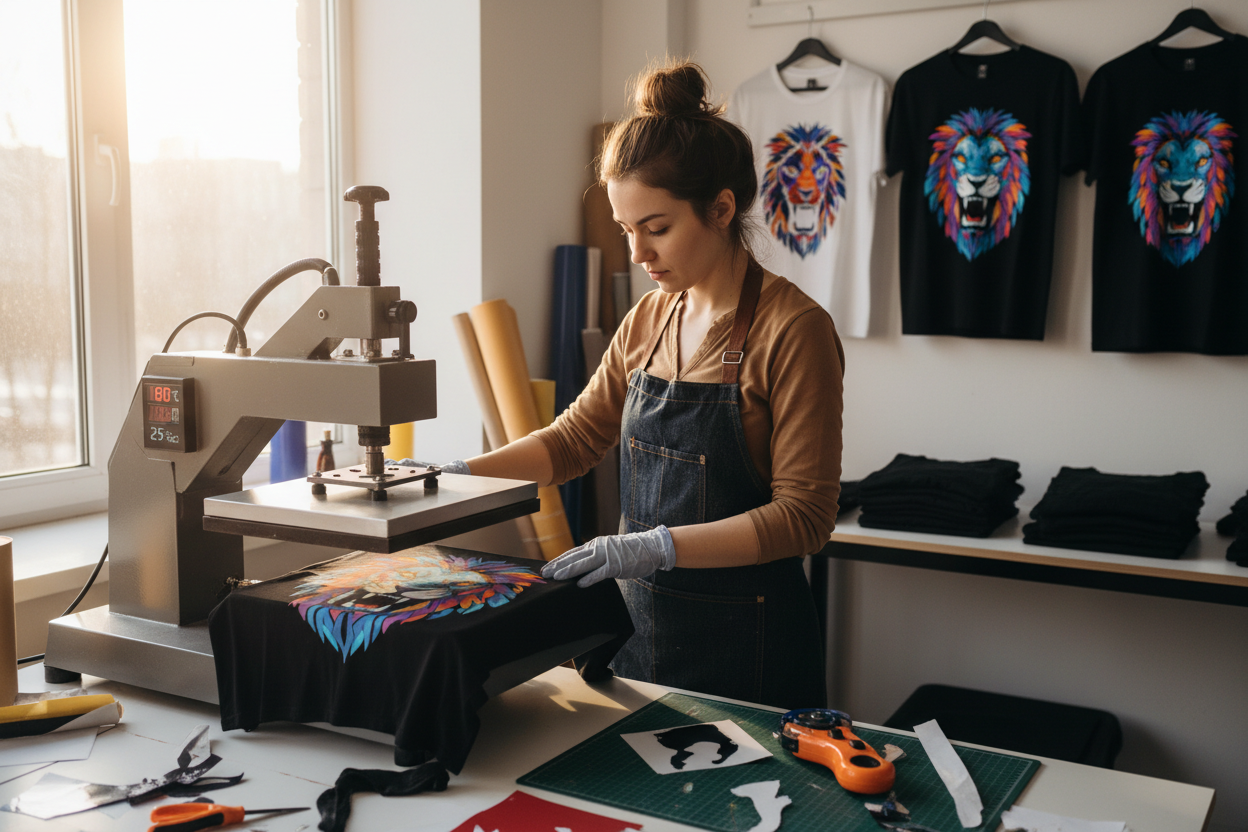 rajouter sur cette image une femme en train de travailler à la création d'un tee shirt (flocage presse à chaud